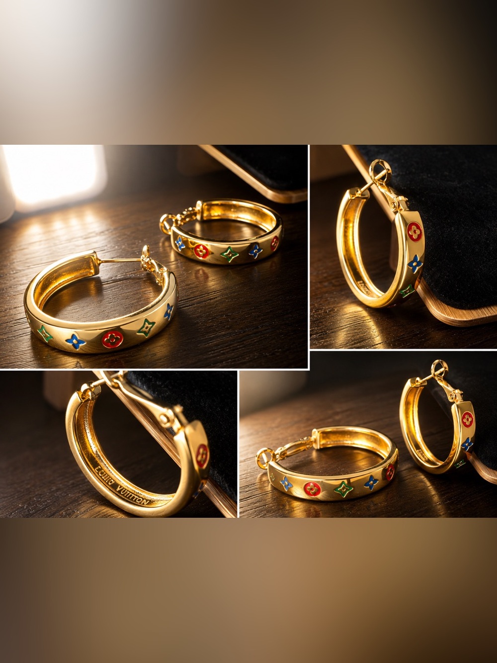 Gold Hoop Earrings with Multicolor Enamel Accents - Women Jewelry